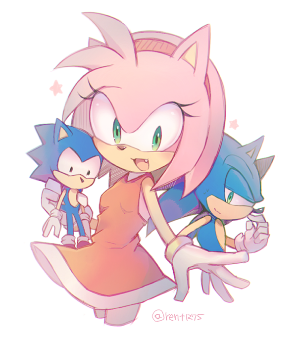 1boy, 1girl, amy_rose, classic_sonic, dress, fang, gloves, green_eyes