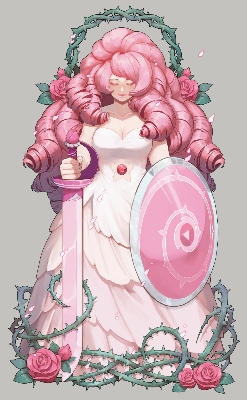1girl, absurdres, bare_shoulders, breasts, cleavage, closed_eyes, collarbone, dress, drill_hair, flower, gem, highres, large_breasts, long_hair, navel_cutout, oxlxlo, pink_hair, rose, rose_quartz_universe, shield, simple_background, smile, solo, star_cutout, steven_universe, sword, thorns, very_long_hair, weapon, white_background, white_dress