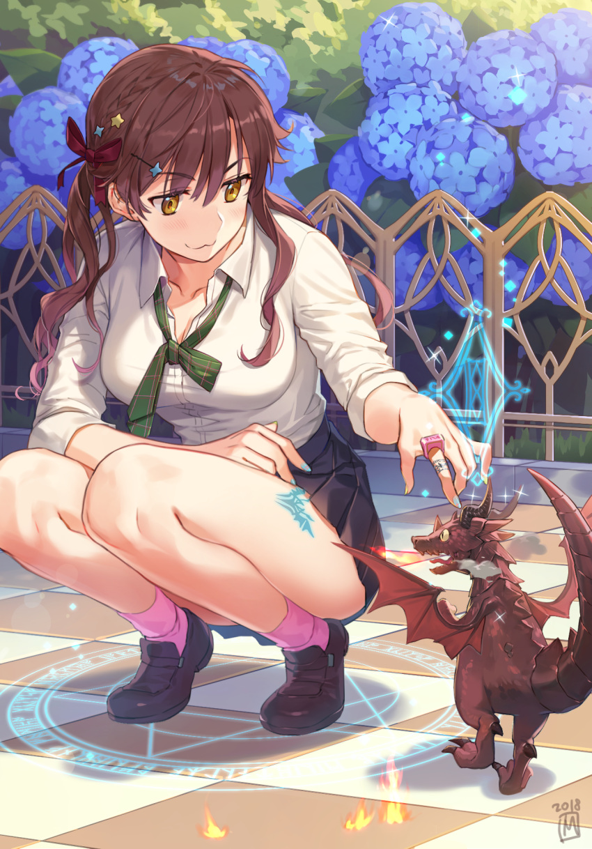 1girl, 2018, :3, bangs, black_skirt, blue_flower, blue_nails, blush, bow, breasts, breathing_fire, brown_footwear, brown_hair, checkered, checkered_floor, cleavage, closed_mouth, collarbone, collared_shirt, commentary_request, day, dragon, dress_shirt, eyebrows_visible_through_hair, fence, fingernails, fire, flower, hair_between_eyes, hair_bow, hair_ornament, hairclip, highres, jewelry, loafers, long_sleeves, magic, magic_circle, mansu, medium_breasts, mini_dragon, multicolored, multicolored_nail_polish, nail_polish, original, outdoors, pink_legwear, pleated_skirt, purple_bow, ring, shirt, shoes, skirt, socks, solo, squatting, star, star_hair_ornament, tattoo, twintails, v-shaped_eyebrows, white_shirt, yellow_eyes, yellow_nails