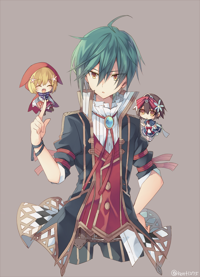 1boy, 2girls, blonde_hair, bow, brown_eyes, brown_hair, chibi, flower, green_hair, grimms_notes, hair_flower, hair_ornament, hand_on_hip, hood, little_red_riding_hood, little_red_riding_hood_(grimm), little_red_riding_hood_(grimms_notes), long_sleeves, multiple_girls, pants, red_bow, red_hood, red_ribbon, rento_(rukeai), ribbon, short_hair, snow_white, snow_white_(grimm), snow_white_(grimms_notes)