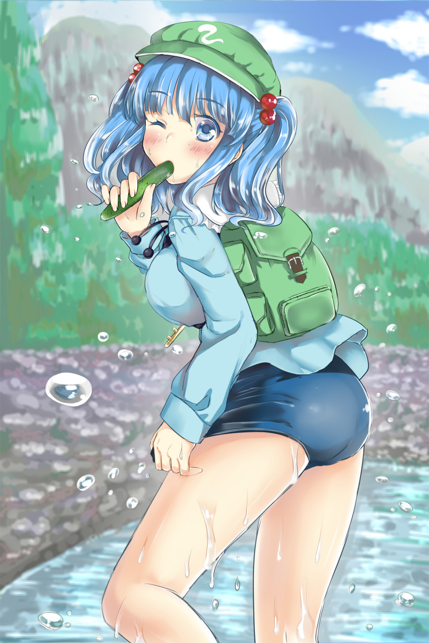 1girl, ass, backpack, bag, blue_eyes, blue_hair, blue_shirt, blue_sky