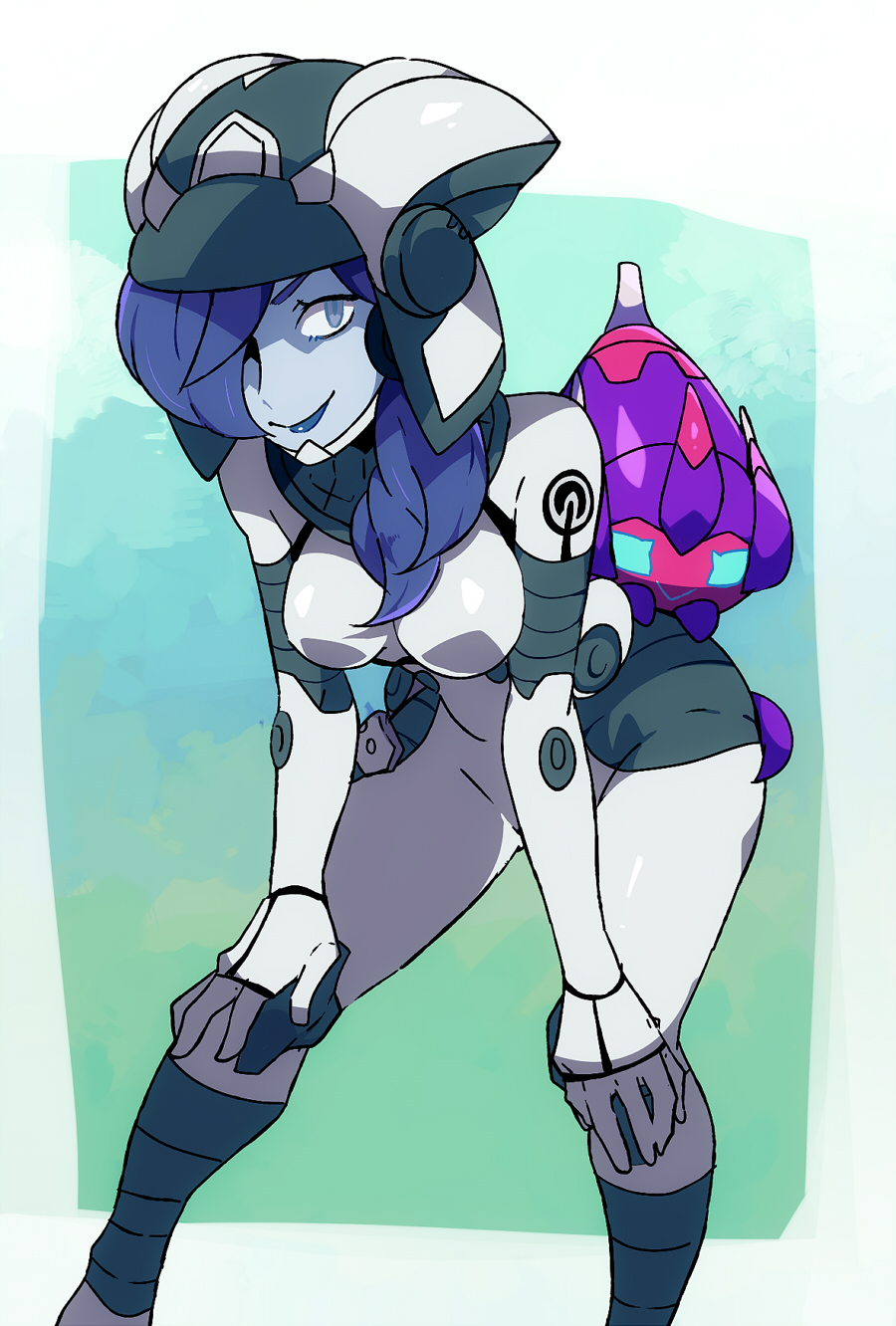1girl, bending_forward, bent_over, blue_eyes, blue_lipstick, bodysuit, breasts, closed_mouth