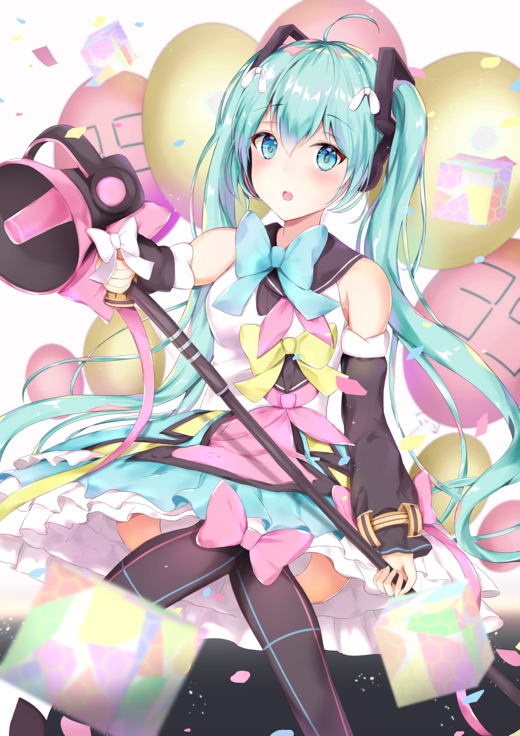 1girl, :o, ahoge, balloon, bangs, bare_shoulders, black_legwear, blue_bow