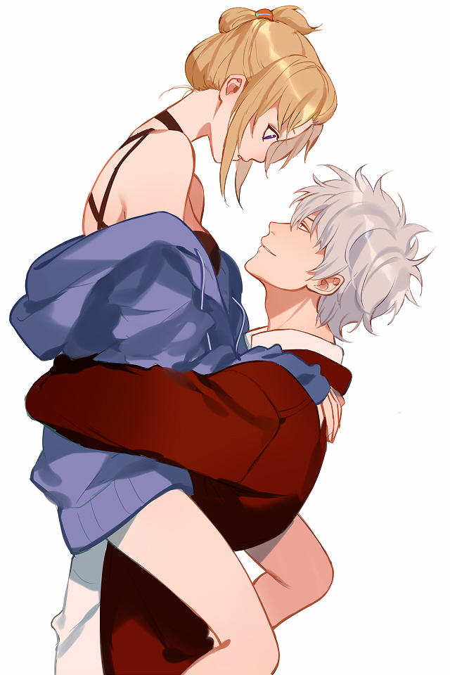 1boy, 1girl, blonde_hair, blue_sweater, breasts, couple, eye_contact, from_side