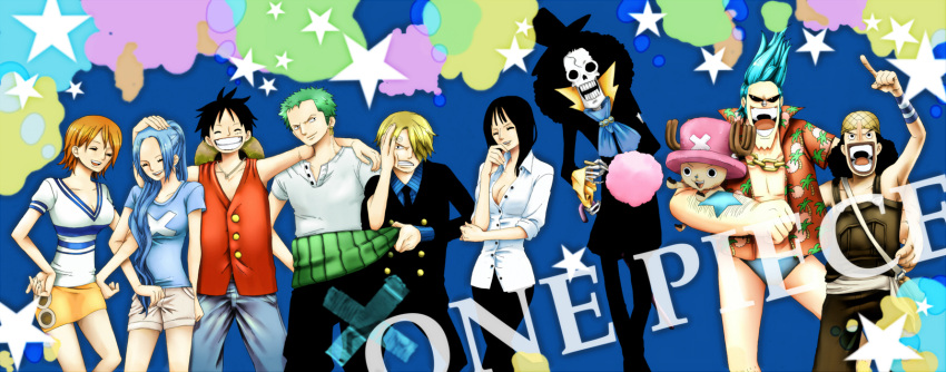6+boys, bad_id, black_hair, blonde_hair, blue_hair, brook, buttons, cleavage, closed_eyes, copyright_name, everyone, franky, green_hair, hair_over_one_eye, hand_on_another's_head, hands_on_hips, happy, hat, highres, lineup, long_hair, miniskirt, miura, monkey_d_luffy, multiple_boys, multiple_girls, nami, nefertari_vivi, nico_robin, one_piece, orange_hair, ponytail, red_vest, roronoa_zoro, sanji, shirt, short_hair, short_sleeves, shorts, skeleton, skirt, sleeveless, smile, standing, star_(symbol), title_drop, tony_tony_chopper, usopp, v-neck, vest, white_shirt, yellow_skirt