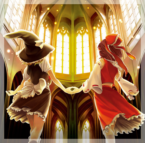 blonde_hair, bow, brown_hair, church, hakurei_reimu, hand_holding, hat, hm_(pixiv67283)