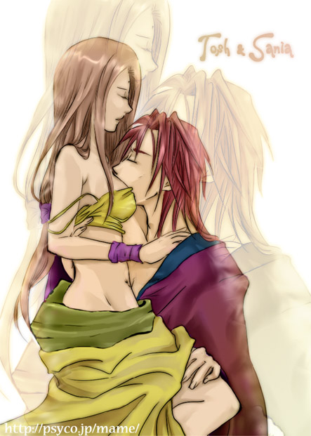 1girl, arc_the_lad, arc_the_lad_ii, breast_smother, brown_hair, closed_eyes, couple, hug, long_hair, mame_(artist), midriff, pink_hair, robe, sania, short_hair, strap_slip, tosh, zoom_layer