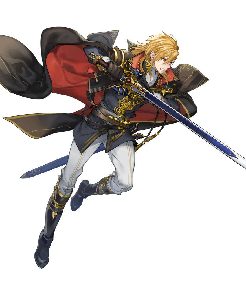 1boy, aless_(fire_emblem), angry, attack, bared_teeth, black_cape, black_capelet, black_coat