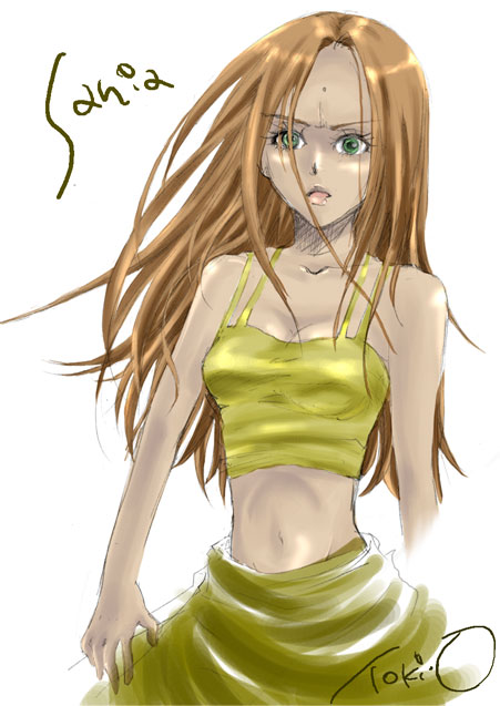 arc_the_lad_ii, bare_shoulders, brown_hair, green_eyes, long_hair, mame_(artist), midriff, sania, simple_background, solo, tank_top