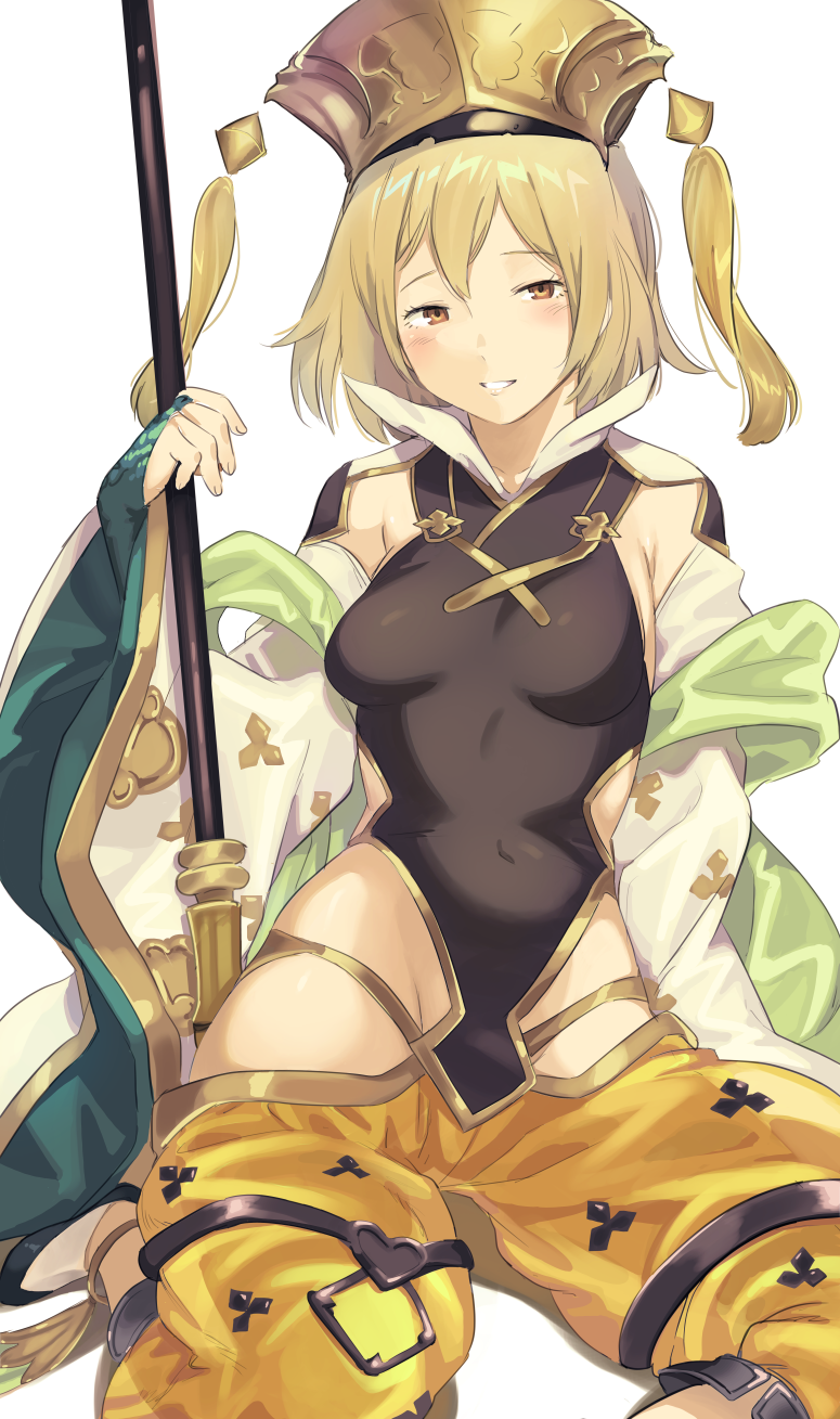 1girl, apsaras_(granblue_fantasy), arrow, blonde_hair, blush, breasts, commentary_request, detached_sleeves