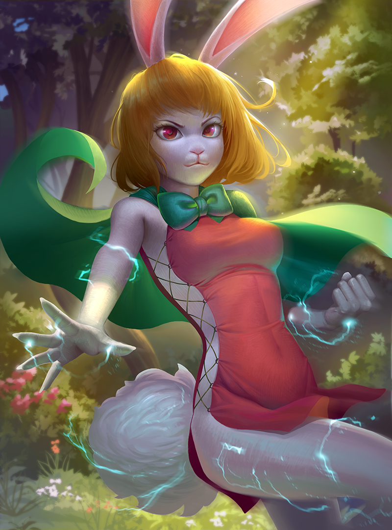 1girl, animal_ears, blonde_hair, bow, breasts, bunny_tail, cape, carrot_(one_piece), clenched_hand, dress, electricity, forest, furry, green_bow, medium_breasts, monster_girl, nature, one_piece, powering_up, rabbit_ears, rabbit_girl, red_dress, short_dress, short_hair, side_slit, snout, solo, tail, yunxuan_fu