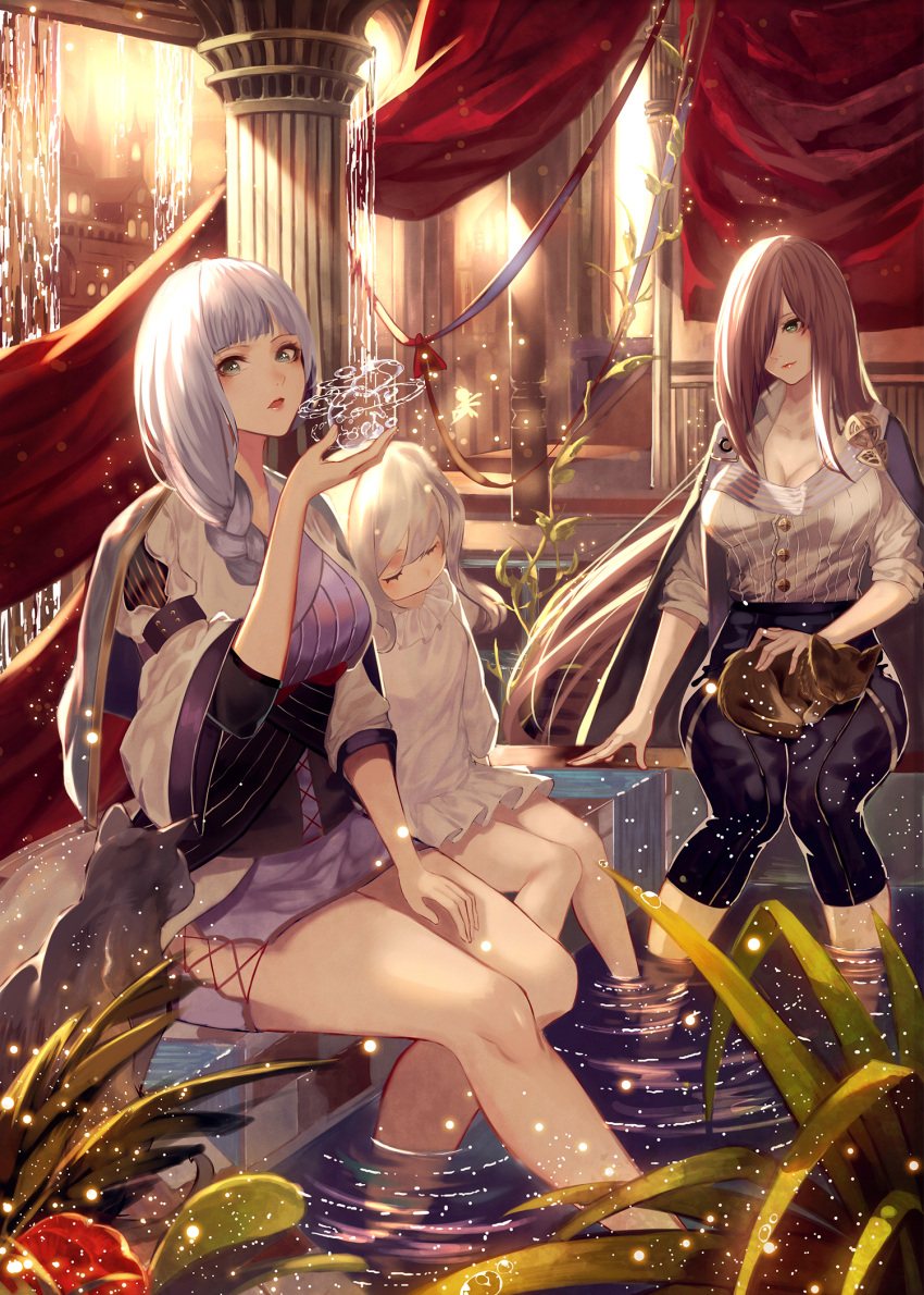 3girls, arm_support, backlighting, bangs, bare_legs, barefoot, blunt_bangs, blush, braid, breasts, buttons, cape, capri_pants, cat, cleavage, closed_eyes, closed_mouth, collarbone, column, commentary_request, cross-laced_clothes, curtains, dress, eyelashes, frilled_dress, frilled_shirt_collar, frills, grey_eyes, hair_over_one_eye, hair_over_shoulder, hand_up, high-waist_pants, highres, huge_breasts, hydrokinesis, indoors, kisui_(user_wswf3235), knees_together_feet_apart, large_breasts, light_particles, light_rays, lips, long_hair, long_sleeves, looking_at_viewer, multiple_girls, open_mouth, original, pants, petting, pillar, pink_hair, plant, ripples, shirt, shirt_tucked_in, short_dress, short_sleeves, side_slit, silver_hair, single_braid, sitting, sleeping, sleeve_garters, soaking_feet, sunbeam, sunlight, very_long_hair, water, waterfall, white_dress, white_hair, white_shirt, wide_sleeves