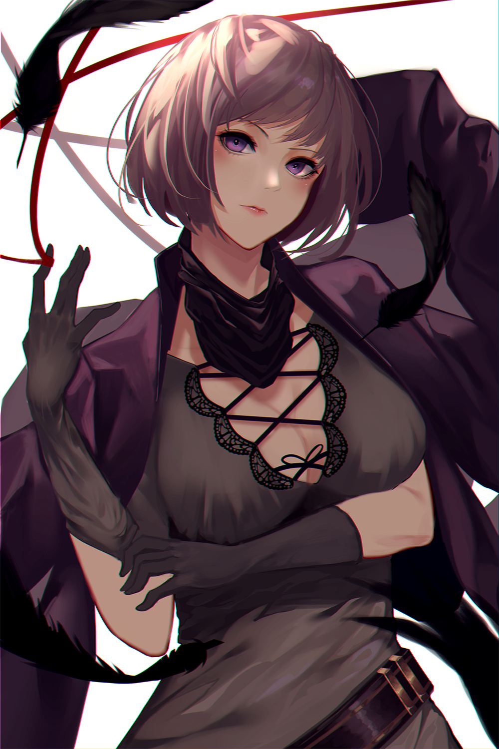 1girl, \||/, bangs, belt, blazer, blazer_on_shoulders, blush, bob_cut