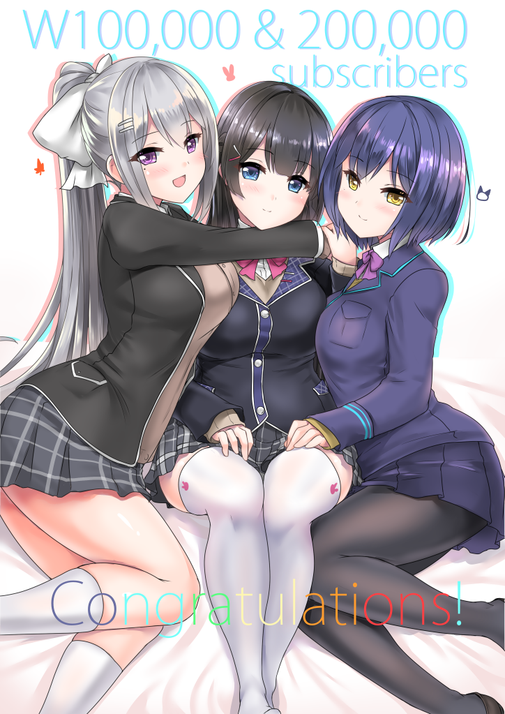 3girls, :d, arms_around_neck, bangs, bed_sheet, black_blazer, black_hair, black_legwear