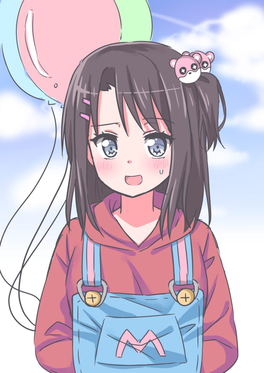 1girl, :d, aro_1801, balloon, bang_dream!, bangs, black_hair, blue_eyes