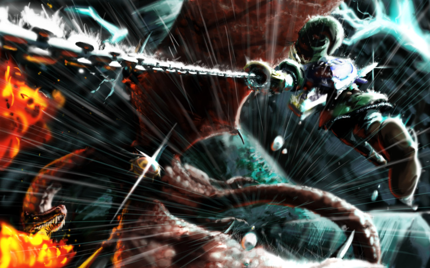 battle, dragon, epic, fire, highres, hookshot, link, master_sword