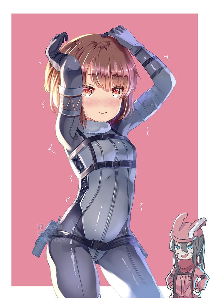 2girls, animal_ears, animal_hat, arms_up, black_hair, blue_eyes, blush, bodysuit