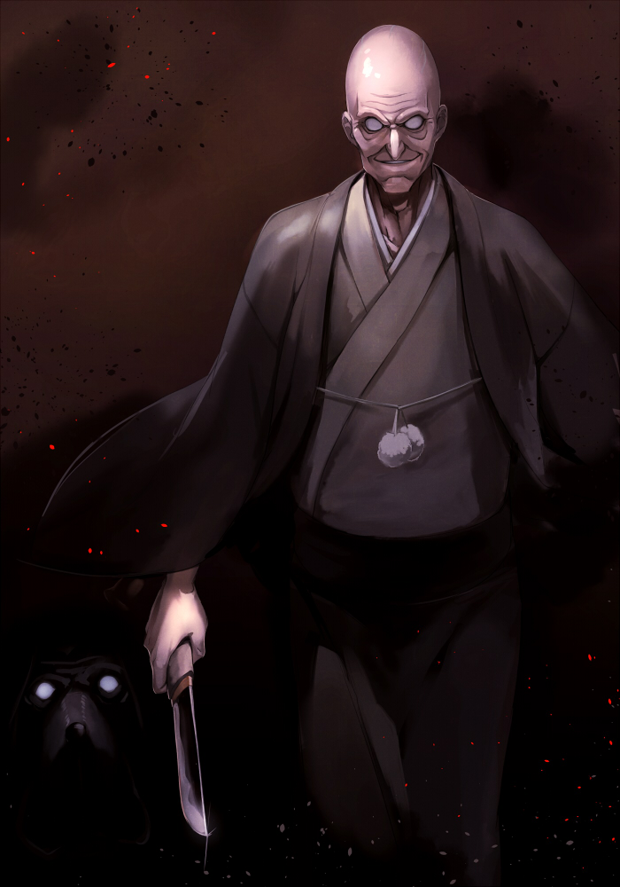 1boy, asutora, bald, blind, commentary_request, dark, dog, facing_viewer