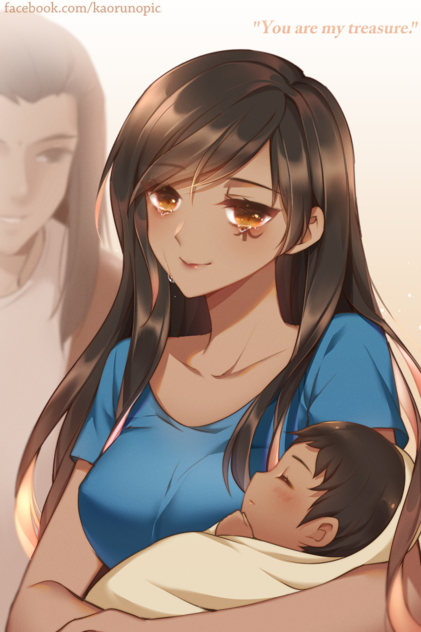 1boy, 2girls, ana_(overwatch), atobesakunolove, baby, bangs, black_hair, blue_shirt, blurry, breasts, brown_eyes, closed_eyes, closed_mouth, collarbone, commentary, cradling, dark_skin, english_commentary, eye_of_horus, eyebrows_visible_through_hair, facebook_username, facial_tattoo, family, grin, hair_between_eyes, happy, highres, husband_and_wife, long_hair, looking_at_viewer, medium_breasts, multiple_girls, overwatch, pharah_(overwatch), sam_(overwatch), shiny, shiny_hair, shirt, short_sleeves, smile, swept_bangs, tattoo, tears, upper_body, vest, watermark, web_address, white_vest, younger