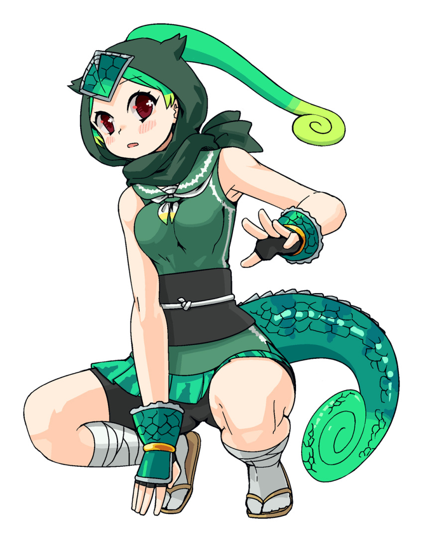 1girl, bare_shoulders, bike_shorts, blush, chameleon_ears, chameleon_tail, eyebrows_visible_through_hair, green_hair