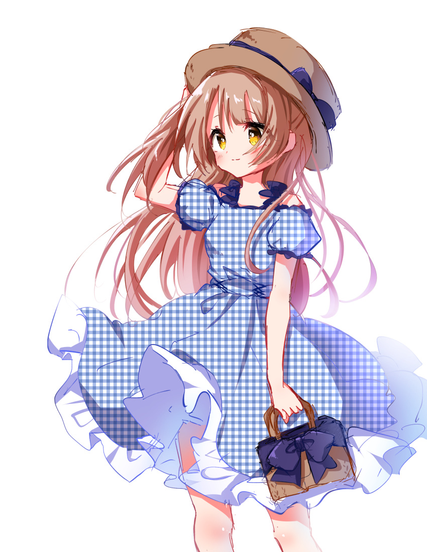 1girl, absurdres, arm_up, bag, bangs, blue_bow, blush, bow