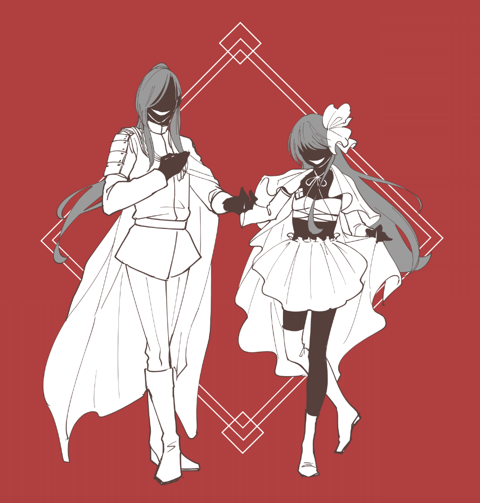 1boy, 1girl, asymmetrical_legwear, boots, cape, crossover, full_body, hand_on_own_chest