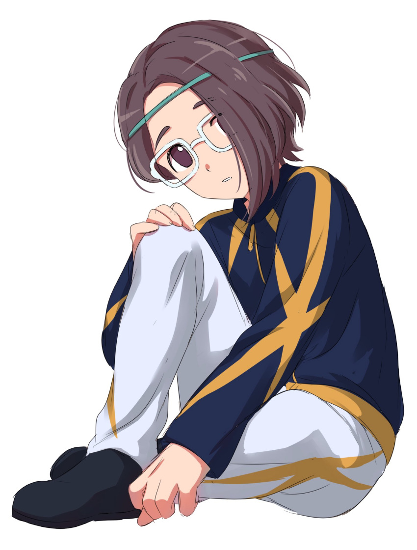 1boy, black_footwear, brown_eyes, brown_hair, commentary_request, full_body, green_jacket, grey_pants, hair_over_one_eye, headband, highres, inazuma_eleven, inazuma_eleven_(series), inazuma_eleven_ares_no_tenbin, jacket, knee_up, long_sleeves, looking_at_viewer, male_focus, one_eye_covered, pants, sekina, shoes, simple_background, sitting, solo, white_background, yagihara_katsumi