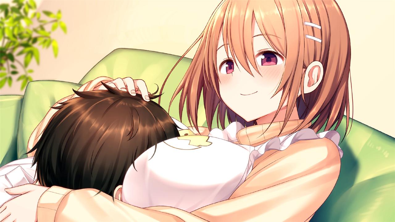 1boy, 1girl, apron, between_breasts, blurry, blurry_background, blush, breasts