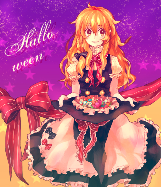 1girl, braid, candies, candy, dada_(dolce), dress, halloween, hat