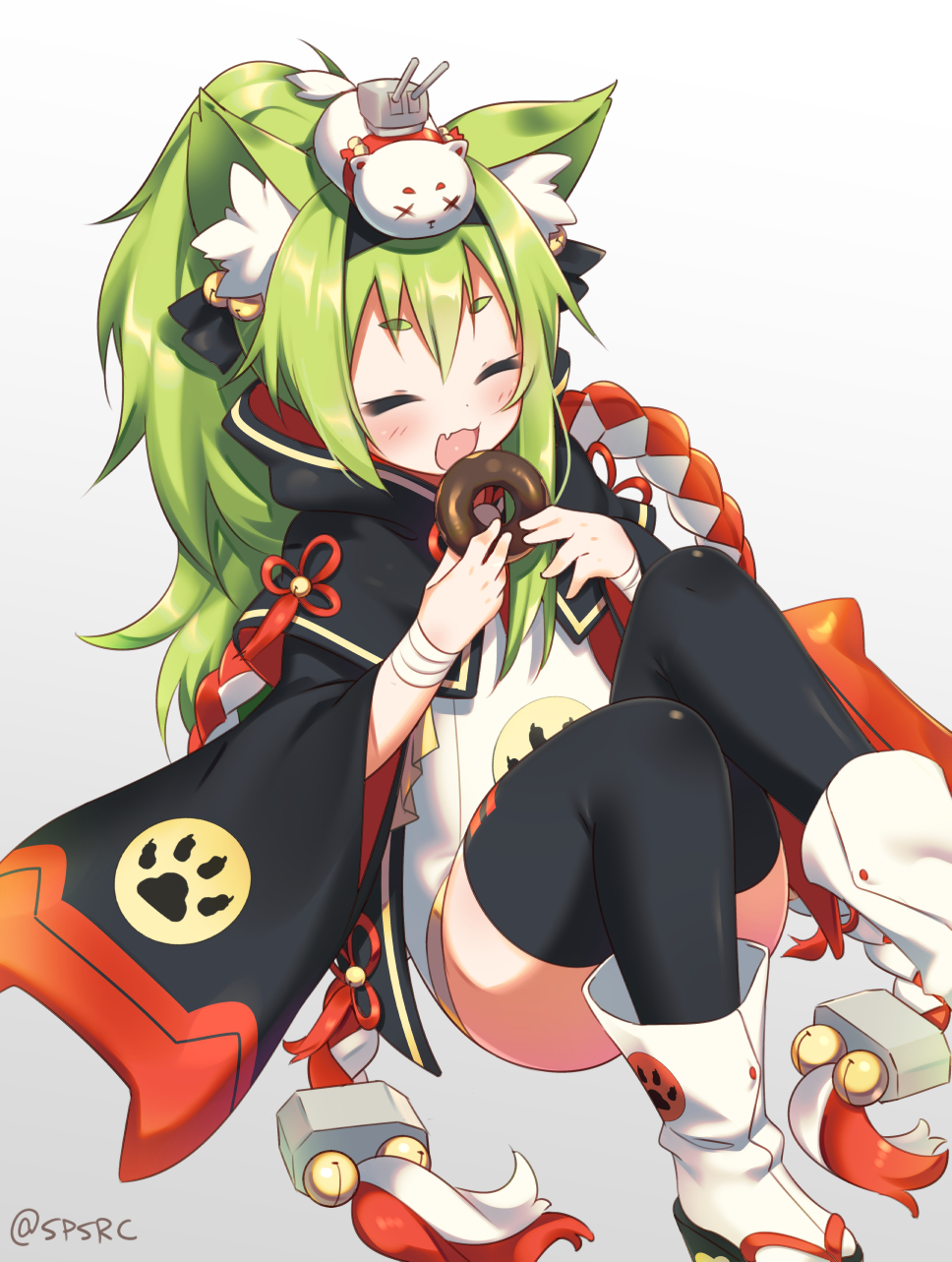 1girl, :3, :d, animal_ears, azur_lane, bell, black_bow, black_legwear