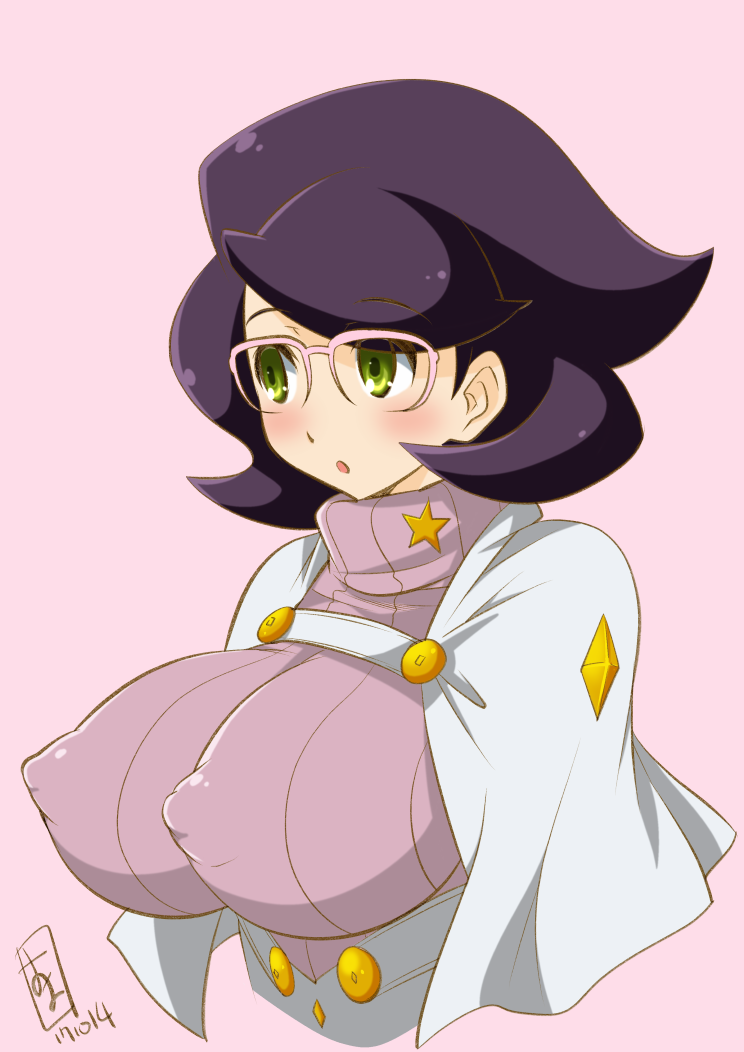 1girl, :o, bangs, big_hair, blush, breasts, capelet, covered_nipples, erect_nipples, eyebrows_visible_through_hair, glasses, green_eyes, kamirenjaku_sanpei, large_breasts, pink-framed_eyewear, pink_background, pokemon, pokemon_(game), pokemon_sm, purple_hair, purple_sweater, ribbed_sweater, solo, sweater, turtleneck, turtleneck_sweater, upper_body, wicke_(pokemon)
