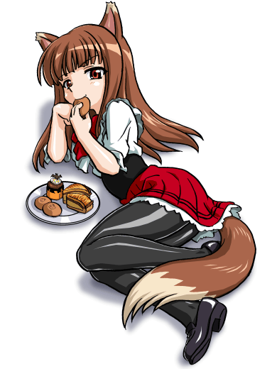 bandabekken, bronze_parrot, brown_hair, eating, food, holo, kisaten, long_hair