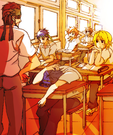 6+boys, angel, angel_wings, ass, beard, blonde_hair, blue_hair, book, brown_hair, classroom, desk, elf, error, facial_hair, fire_emblem, fire_emblem:_fuuin_no_tsurugi, fire_emblem:_mystery_of_the_emblem, fire_emblem:_path_of_radiance, fire_emblem:_souen_no_kiseki, fire_emblem:_the_binding_blade, fire_emblem_fuuin_no_tsurugi, headband, human, hylian, ike, ike_(fire_emblem), intelligent_systems, kid_icarus, konami, link, lowres, marth, marth_(fire_emblem), metal_gear_solid, nintendo, nintendo_ead, palutena_no_kagami, pit, pointy_ears, project_m, red_hair, redhead, roy, roy_(fire_emblem), school_uniform, sleeping, solid_snake, sora_(company), super_smash_bros., super_smash_bros_brawl, super_smash_bros_melee, the_legend_of_zelda, tiara, wings, zelda_no_densetsu