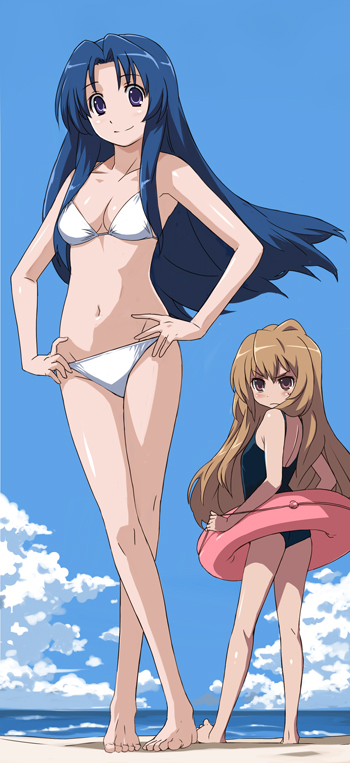 barefoot, beach, bikini, blue_hair, breasts, brown_hair, cloud, clouds