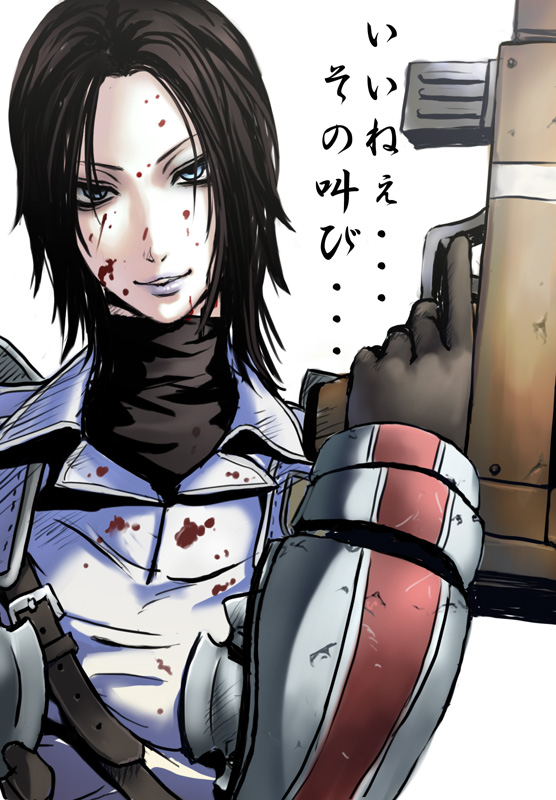 blood, blue_eyes, gloves, gun, jane_turner, karee_oshou, lipstick, military