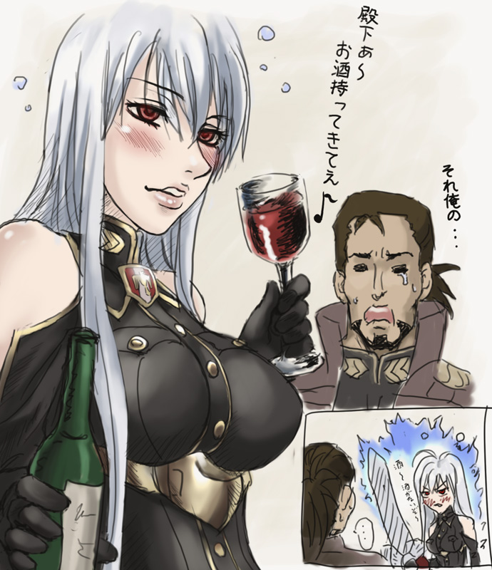 angry, beard, black_hair, blush, bottle, breasts, chibi, drunk