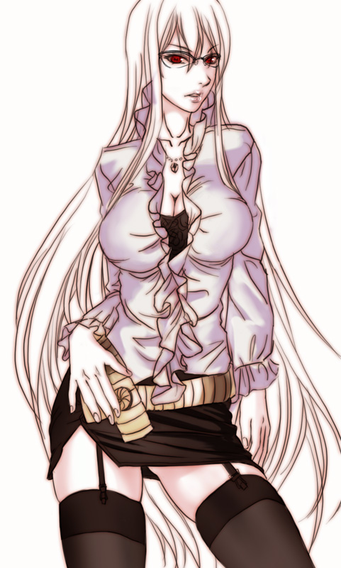black_legwear, black_thighhighs, blouse, breasts, casual, cleavage, garter_belt, garter_straps, glasses, hand_on_hip, jewelry, karee_oshou, large_breasts, lipstick, long_hair, miniskirt, naughty_face, necklace, open_mouth, open_shirt, red_eyes, selvaria_bles, senjou_no_valkyria, senjou_no_valkyria_1, simple_background, skirt, solo, standing, stockings, thigh-highs, thighhighs, very_long_hair, white_hair, zettai_ryouiki