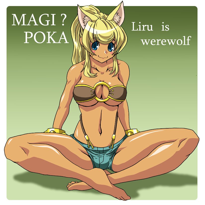 :3, barefoot, blonde_hair, blue_eyes, breasts, cleavage, dark_skin, denim