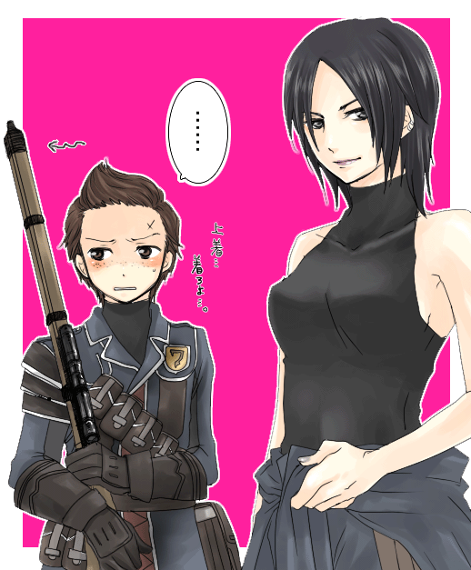 bag, bare_shoulders, black_eyes, black_hair, blush, brown_eyes, brown_hair, clenched_teeth