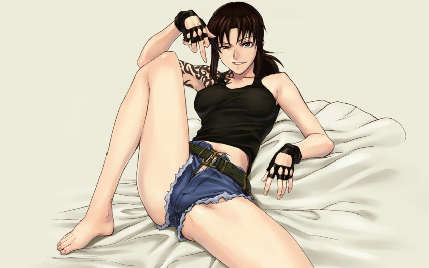 1280x800, azasuke, barefoot, bed, black_lagoon, fingerless_gloves, middle_finger, revy, tattoo