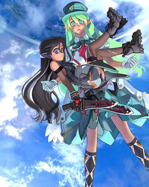 boots, cloud, clouds, knife, mave-chan, pointy_ears, sentou_yousei_shoujo_tasukete_mave-chan, sky