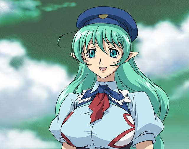 cap, green_eyes, green_hair, hat, large_breasts, personification, pointy_ears, screencap