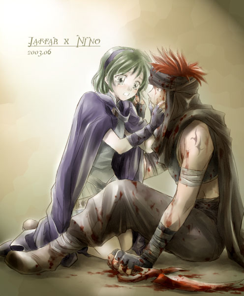 1girl, bandages, blood, cape, character_name, cloak, couple, fire_emblem