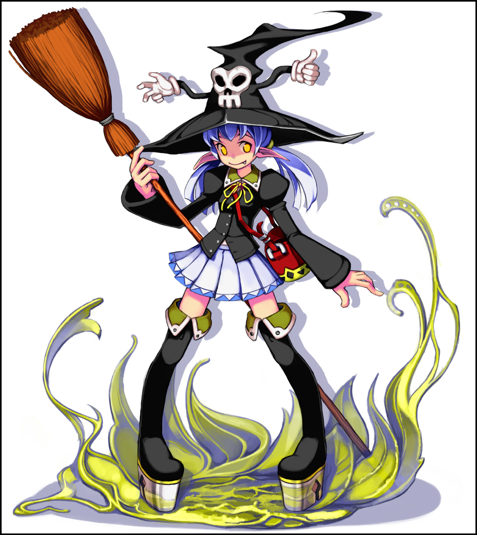 blue_hair, boots, broom, fang, hat, kuro_kuro_kuro, kurokurokuro, original