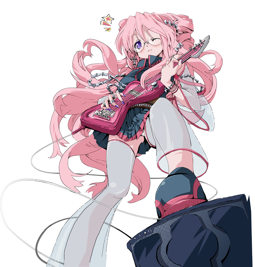 glasses, guitar, instrument, long_hair, lucky_star, nail_polish, panties, pink_hair