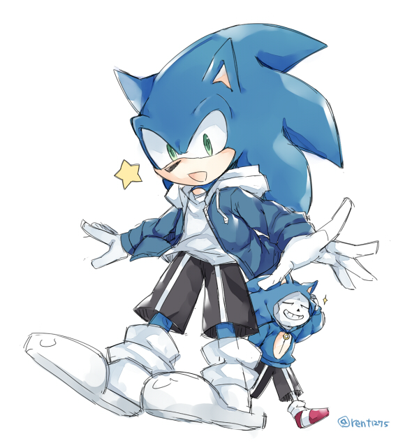 2boys, animal, black_pants, blue_hoodie, closed_eyes, cosplay, crossover, furry