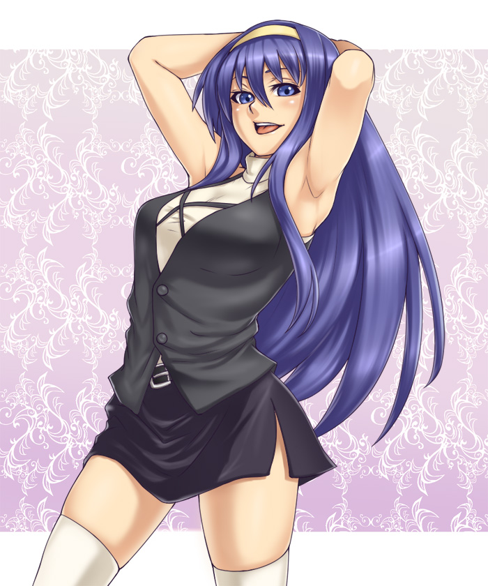 arms_up, blue_eyes, blue_hair, casual, hairband, himemiya_chikane, hou_takashi_ji, houtengeki