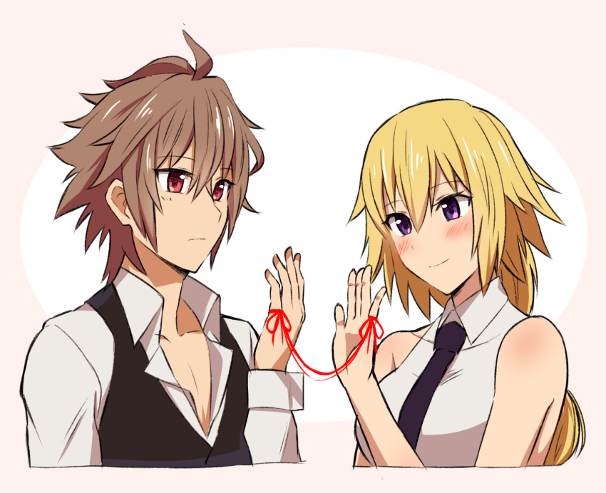 1boy, 1girl, ahoge, bangs, blonde_hair, blush, braid, couple, eyebrows_visible_through_hair, fate/apocrypha, fate_(series), from_side, hetero, jeanne_d'arc_(fate), jeanne_d'arc_(fate)_(all), long_braid, long_hair, long_sleeves, loop, necktie, nyorotono, open_clothes, pink_background, purple_neckwear, red_eyes, red_string, shirt, short_hair, sieg_(fate/apocrypha), simple_background, single_braid, sleeveless, sleeveless_shirt, string, very_long_hair, violet_eyes, waistcoat, white_shirt