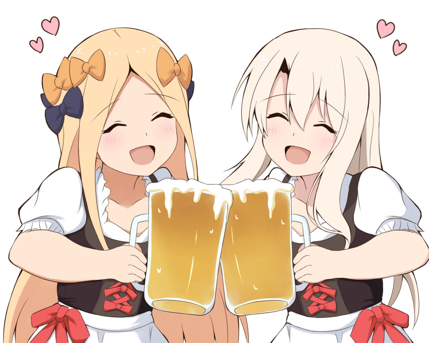 2girls, :d, ^_^, abigail_williams_(fate/grand_order), alcohol, bangs, beer, beer_mug, black_bow, blonde_hair, blush, bow, closed_eyes, collarbone, commentary_request, dirndl, eyebrows_visible_through_hair, facing_viewer, fate/grand_order, fate_(series), foam, german_clothes, hair_between_eyes, hair_bow, heart, highres, holding_mug, illyasviel_von_einzbern, mitiru_ccc2, multiple_girls, open_mouth, orange_bow, parted_bangs, puffy_short_sleeves, puffy_sleeves, red_bow, shirt, short_sleeves, simple_background, smile, white_background, white_shirt