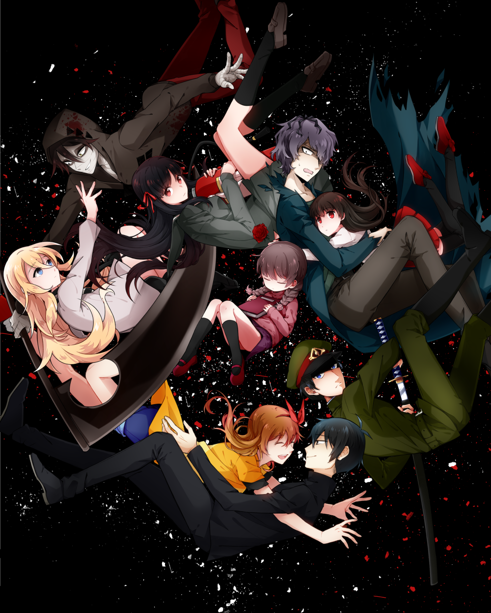 4boys, 4girls, :d, bandage, black_footwear, black_hair, black_legwear, black_pants